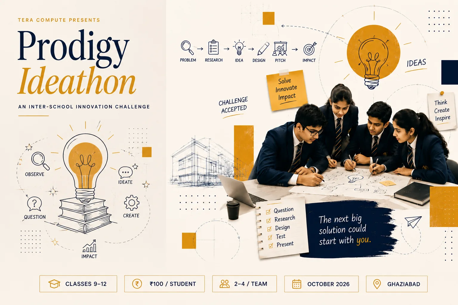 Challenge artwork: students ideating together with innovation annotations, checklist, and the line “the next big solution could start with you”