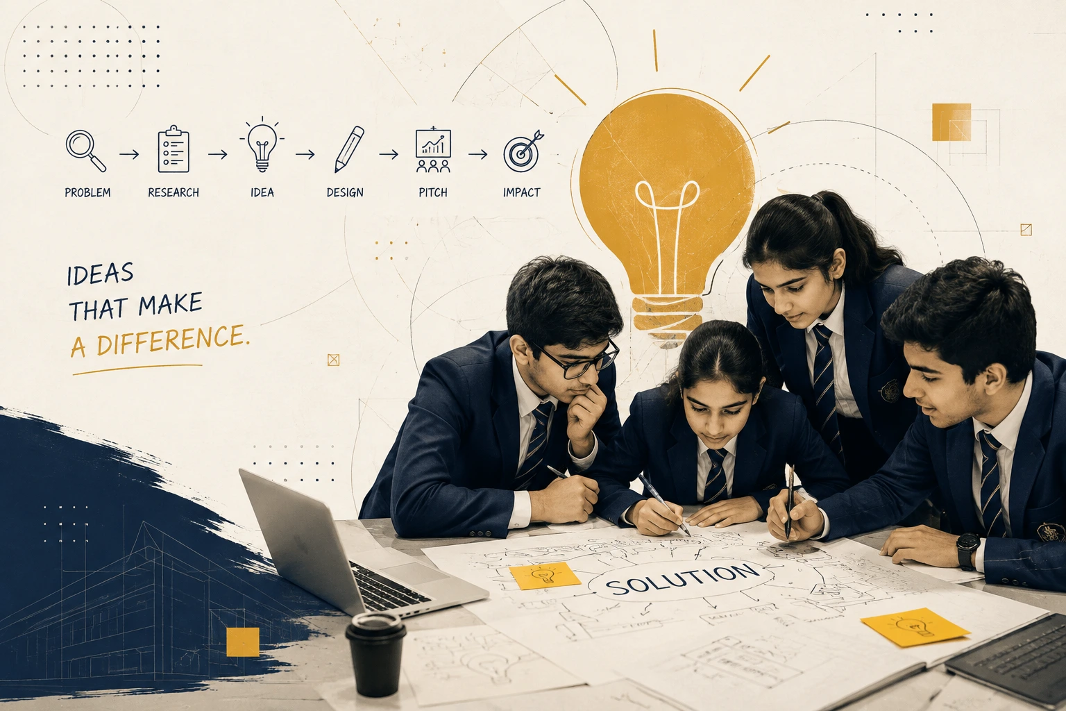 Prodigy Ideathon hero artwork: students collaborating on a solution map beneath the process Problem → Research → Idea → Design → Pitch → Impact