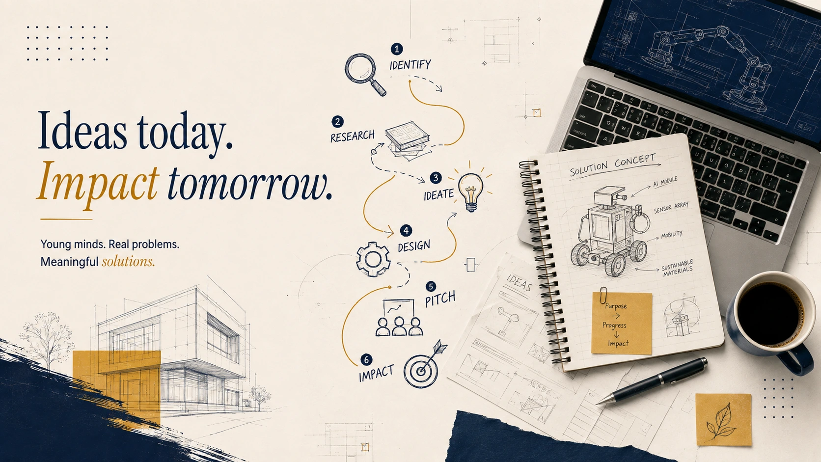 Pitch process artwork: Identify → Research → Ideate → Design → Pitch → Impact beside a solution concept workspace